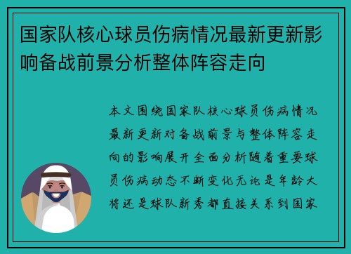 国家队核心球员伤病情况最新更新影响备战前景分析整体阵容走向