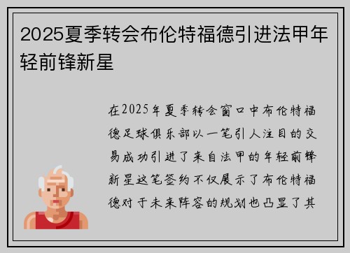 2025夏季转会布伦特福德引进法甲年轻前锋新星