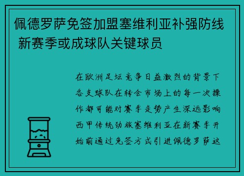 佩德罗萨免签加盟塞维利亚补强防线 新赛季或成球队关键球员