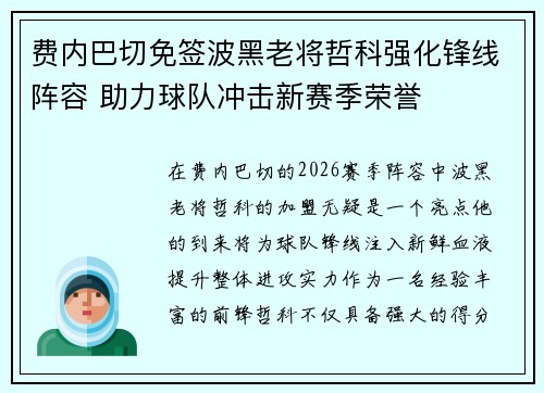 费内巴切免签波黑老将哲科强化锋线阵容 助力球队冲击新赛季荣誉 费内巴切免签波黑老将哲科强化锋线阵容 助力球队冲击新赛季荣誉